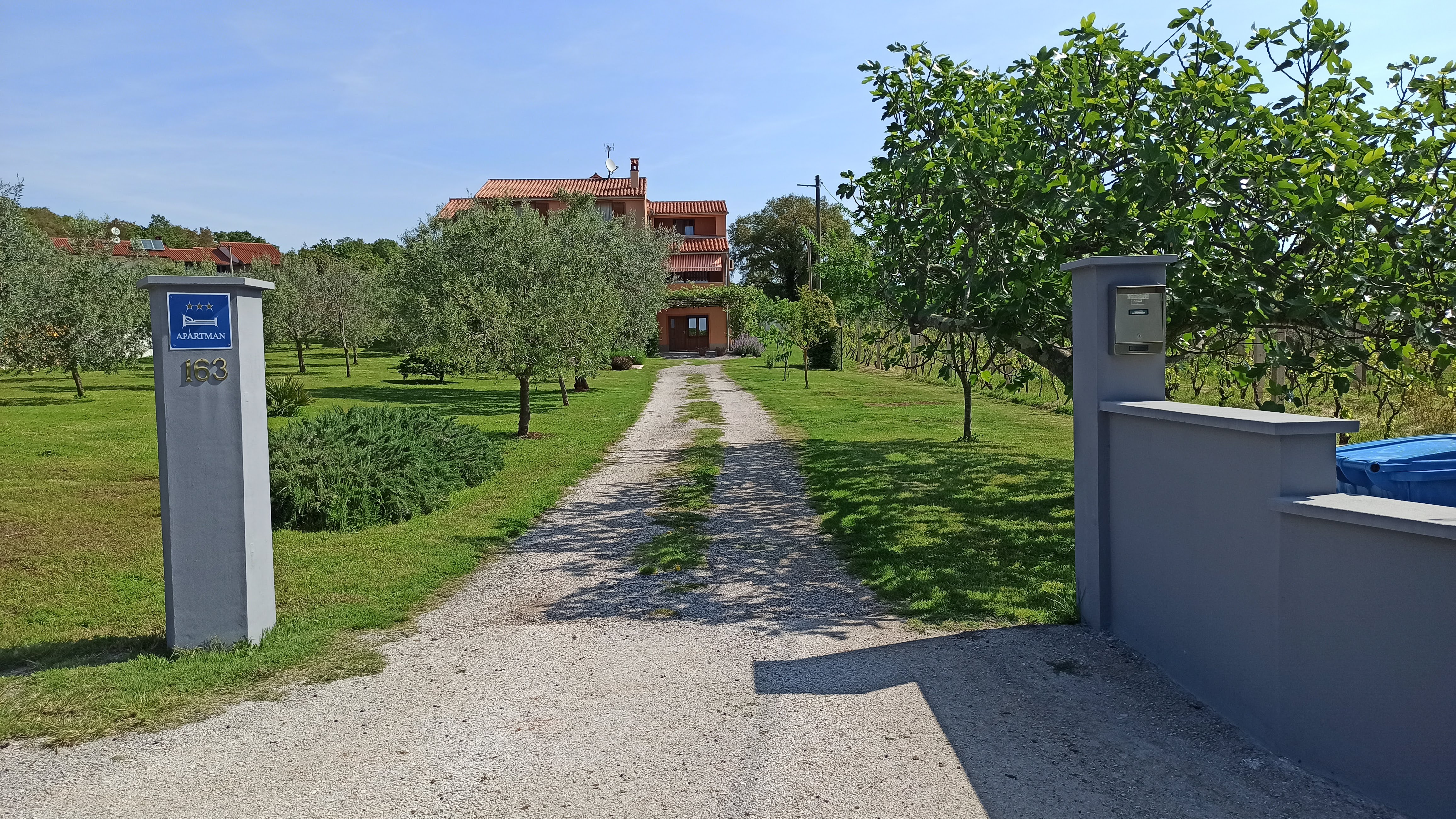 Garden located in front of the apartment. Green trees, bushes and colorful flowers. A view onto the house which the apartment is situated in. Big green lawn, access part and spacious parking space.