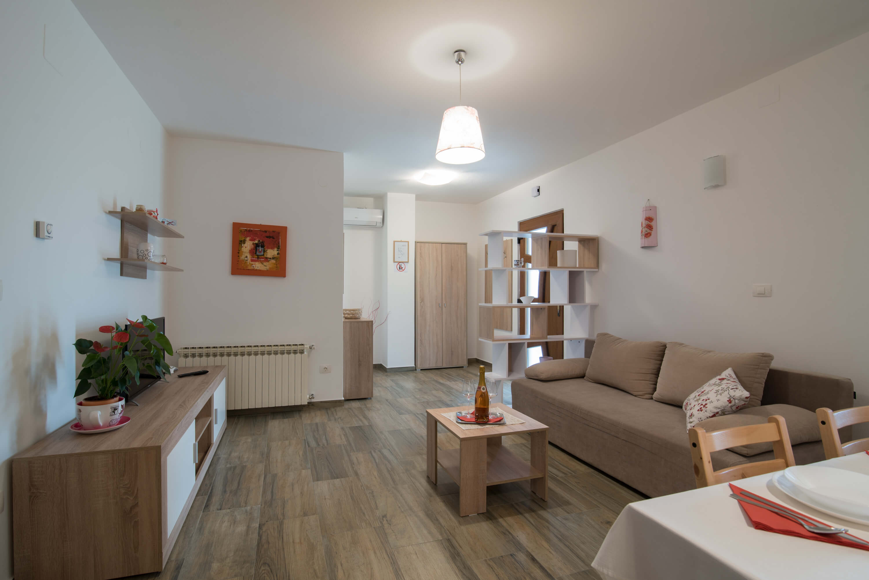 Living room, apartment entrance and part of dining room. Dining table with chairs and cutlery. Sofa and pillows, coffee table, cupboards and TV in the living room. A shelf, a cupboard and a cabinet near the apartment entrance.