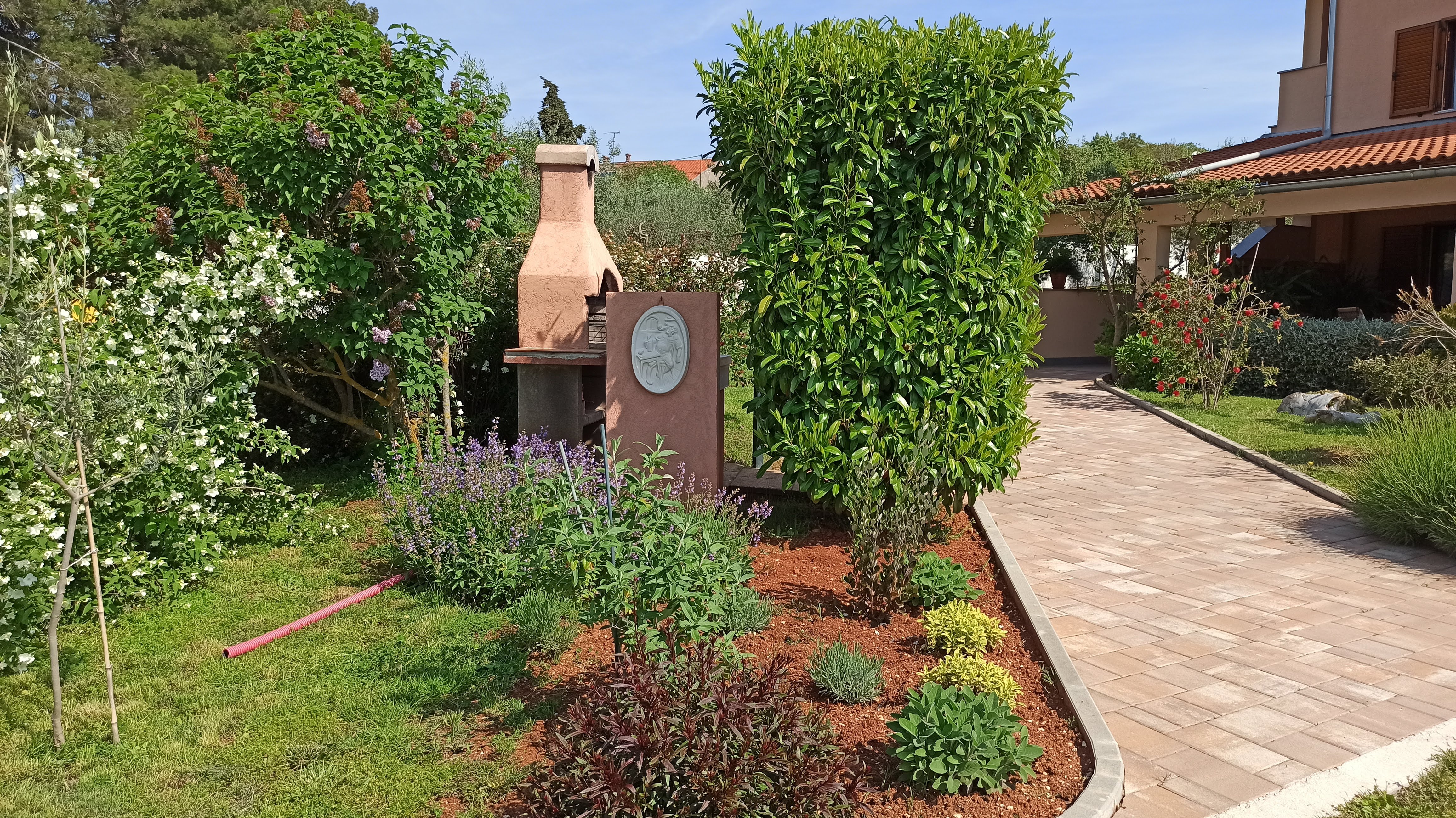 Sunny colorful garden and a tiled access path. Many flowers and plants filling the garden where green color prevails. View of an apartment terrace with its entrance, window, chairs and tables. View of the rest of the house.