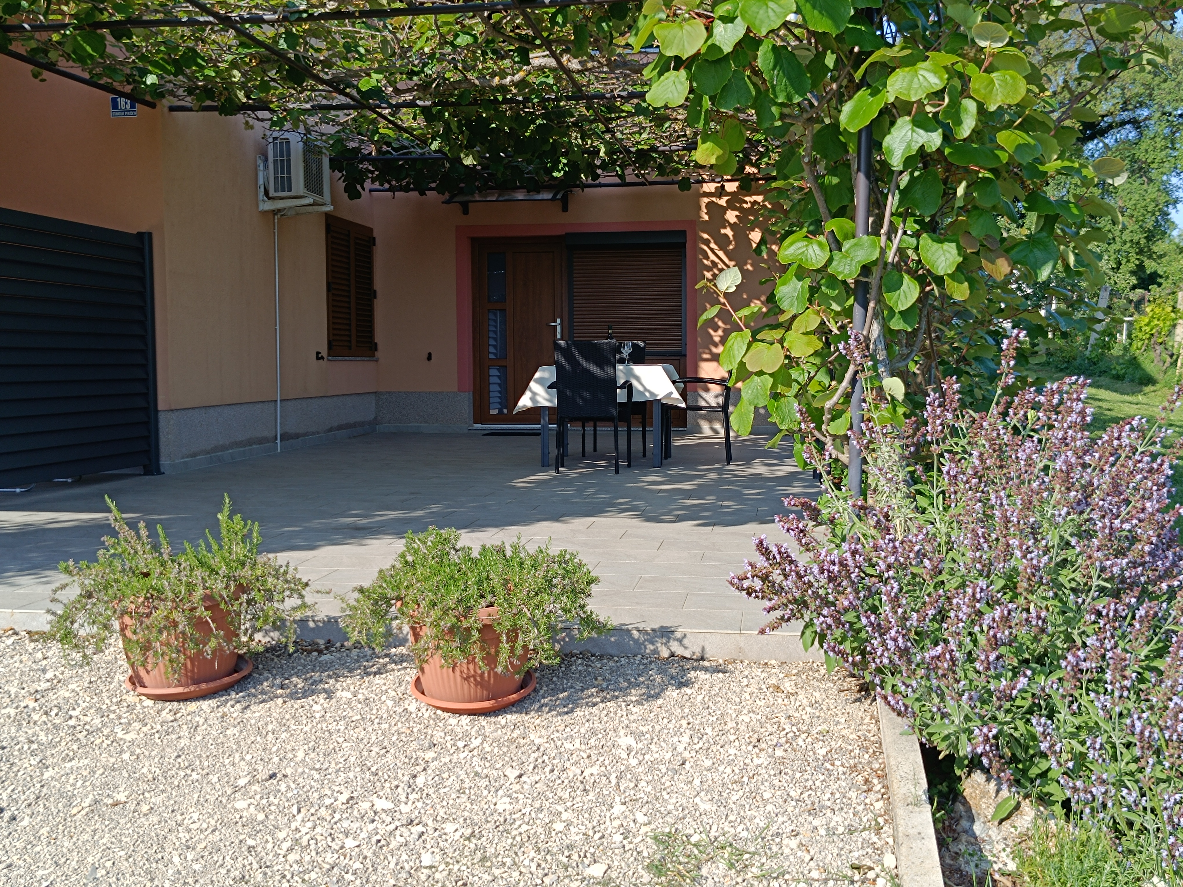 Chairs and tables on a large terrace. Dining table with chairs, tablecloth and wine. Big window on the wall. Barrier for privacy and plants. View into the garden.
